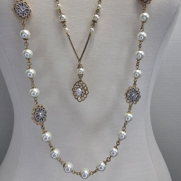 Charter Club Necklace Mixed Metal Filagree Rhinestones Faux Pearl Goldtone - Picture 3 of 7